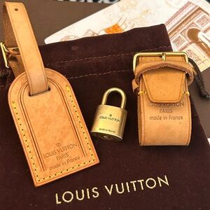 Louis Vuitton Micro Leather Luggage Tag, Poignet, Lock (no key) and Suede Pouch